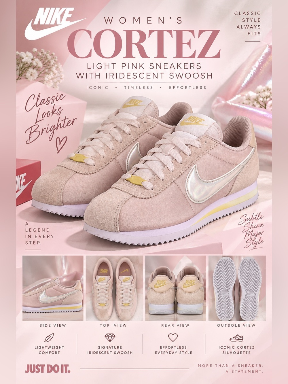 New!🔥Nike Women’s Light Pink Cortez Sneakers with Iridescent Swoosh!🔥